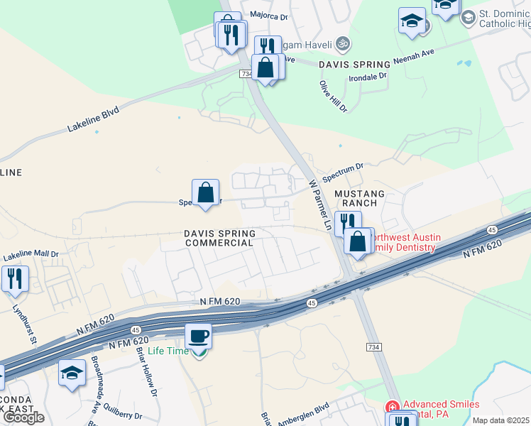 map of restaurants, bars, coffee shops, grocery stores, and more near 9701 Spectrum Drive in Austin