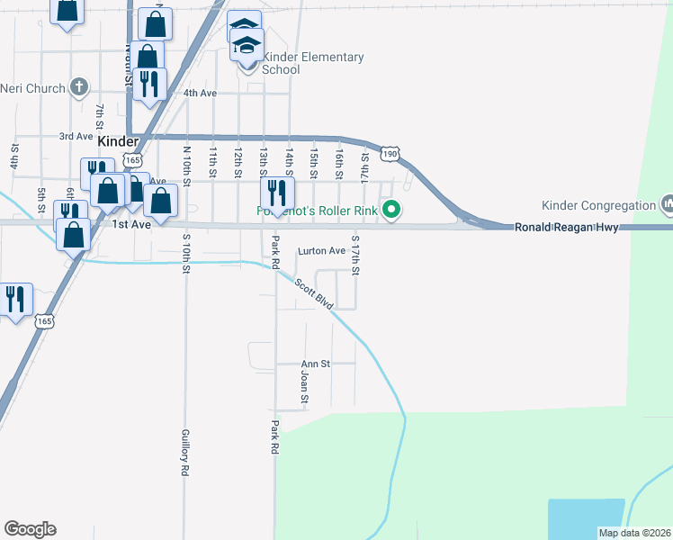 map of restaurants, bars, coffee shops, grocery stores, and more near Coreze Street in Kinder