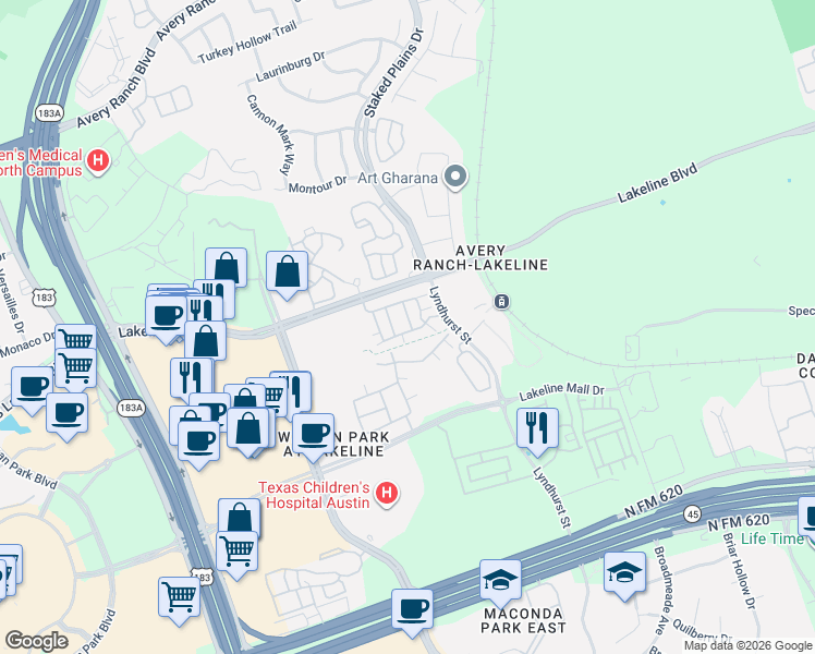 map of restaurants, bars, coffee shops, grocery stores, and more near 13800 Lyndhurst Street in Austin