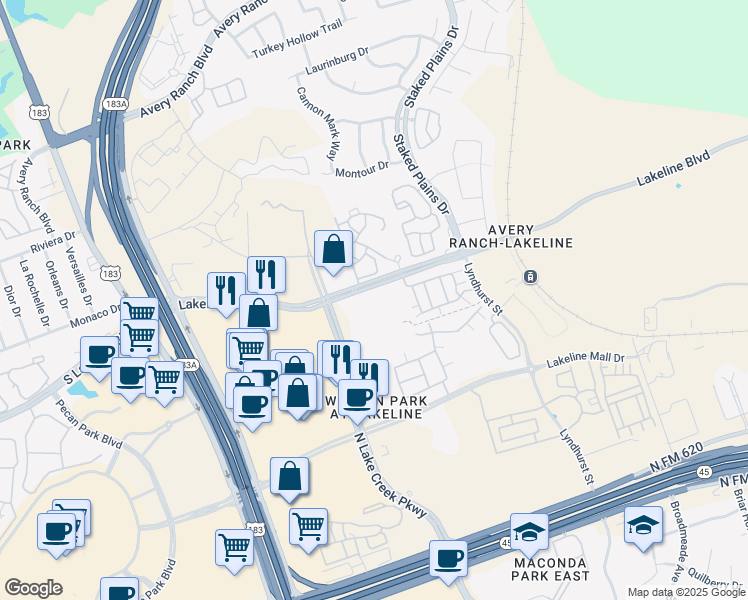 map of restaurants, bars, coffee shops, grocery stores, and more near 11001 Lakeline Boulevard in Austin