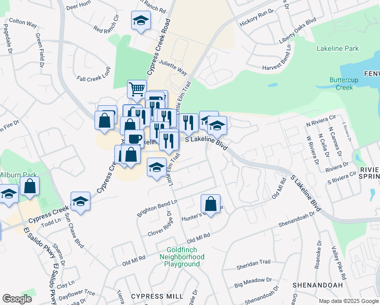 map of restaurants, bars, coffee shops, grocery stores, and more near 1905 South Lakeline Boulevard in Cedar Park