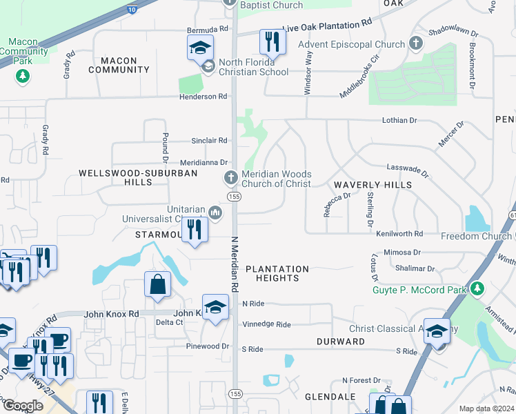 map of restaurants, bars, coffee shops, grocery stores, and more near 414 Coldstream Drive in Tallahassee