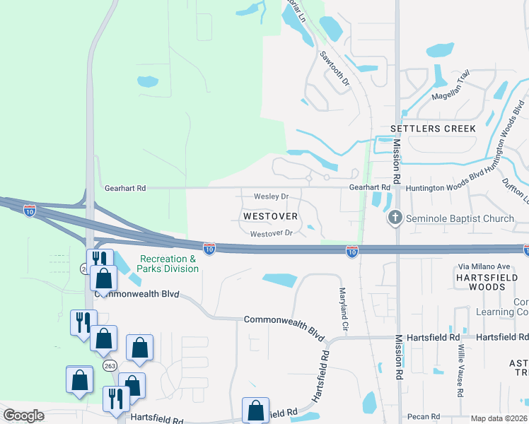 map of restaurants, bars, coffee shops, grocery stores, and more near 4514 Wimbleton Court in Tallahassee