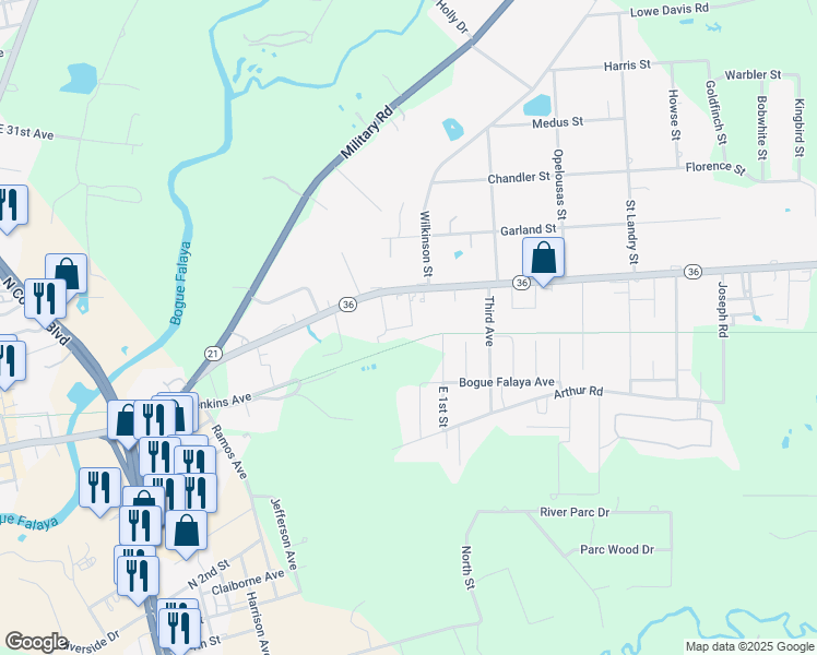 map of restaurants, bars, coffee shops, grocery stores, and more near 72182 Formosa Drive in Covington