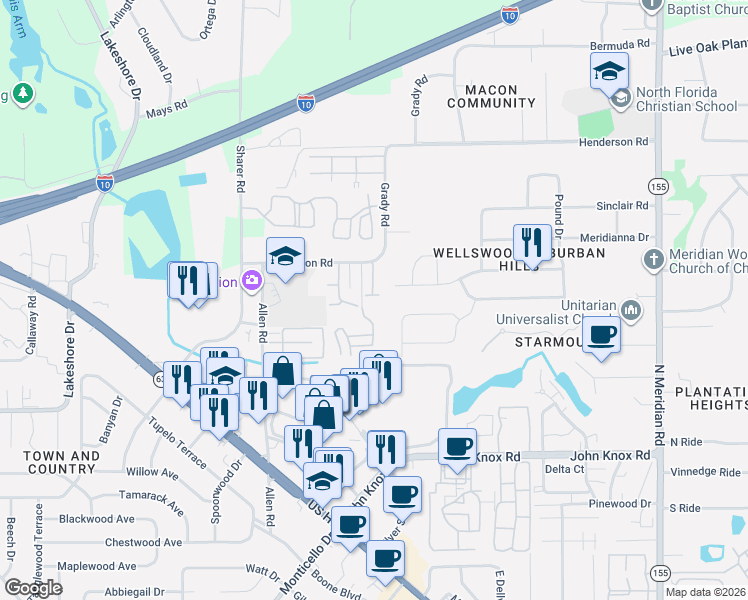 map of restaurants, bars, coffee shops, grocery stores, and more near 2827 Waterbrook Way in Tallahassee
