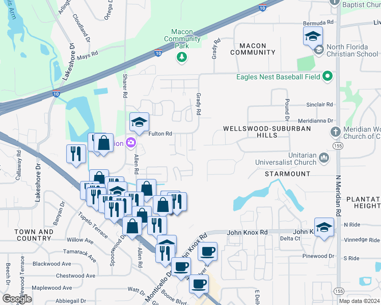 map of restaurants, bars, coffee shops, grocery stores, and more near 2826 Waterbrook Way in Tallahassee