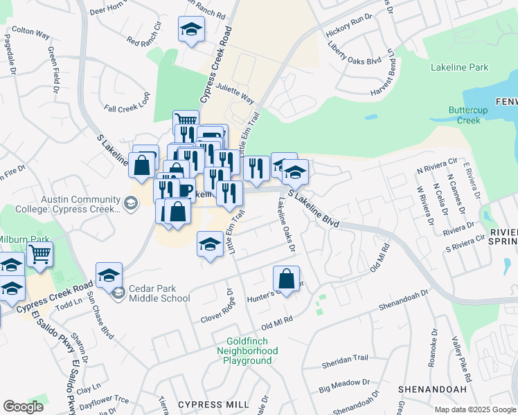 map of restaurants, bars, coffee shops, grocery stores, and more near 1905 South Lakeline Boulevard in Cedar Park