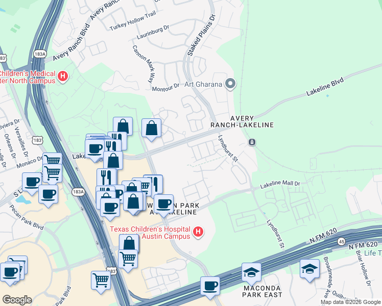map of restaurants, bars, coffee shops, grocery stores, and more near 13800 Lyndhurst Street in Austin