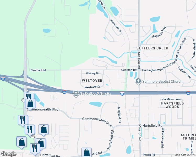 map of restaurants, bars, coffee shops, grocery stores, and more near 2120 Wesley Court in Tallahassee
