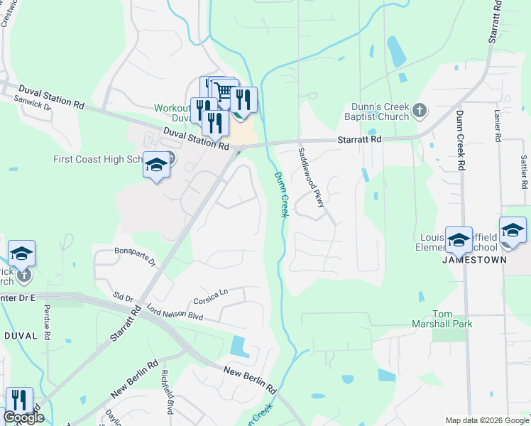map of restaurants, bars, coffee shops, grocery stores, and more near 13442 Ashford Wood Court East in Jacksonville