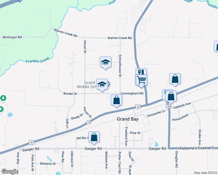 map of restaurants, bars, coffee shops, grocery stores, and more near 12800 Cunningham Road in Grand Bay