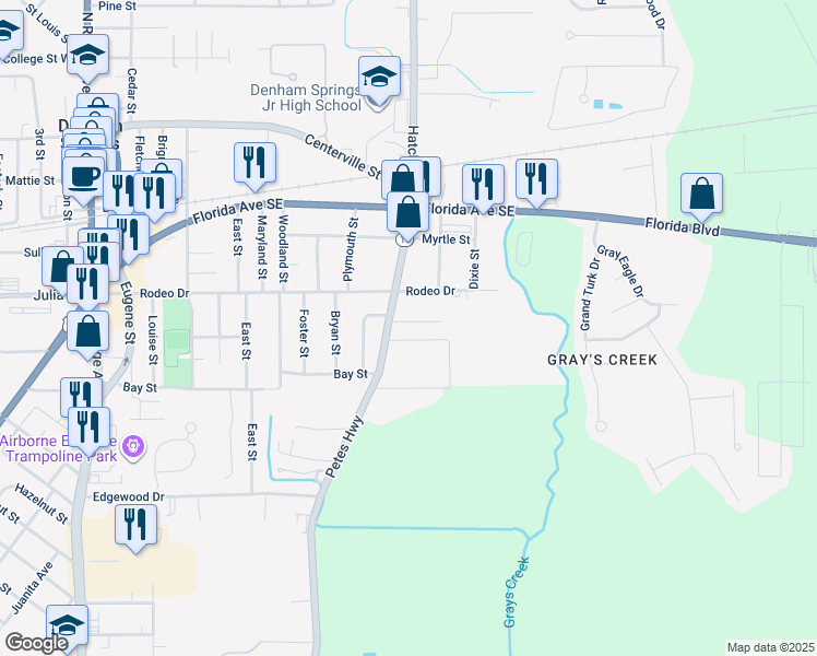 map of restaurants, bars, coffee shops, grocery stores, and more near 939 Burlingame Street in Denham Springs