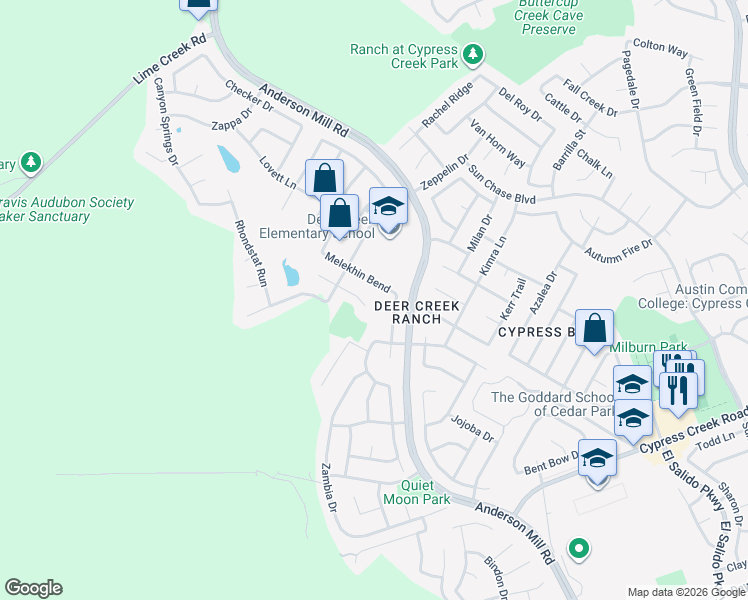 map of restaurants, bars, coffee shops, grocery stores, and more near 2504 Armatrading Drive in Cedar Park