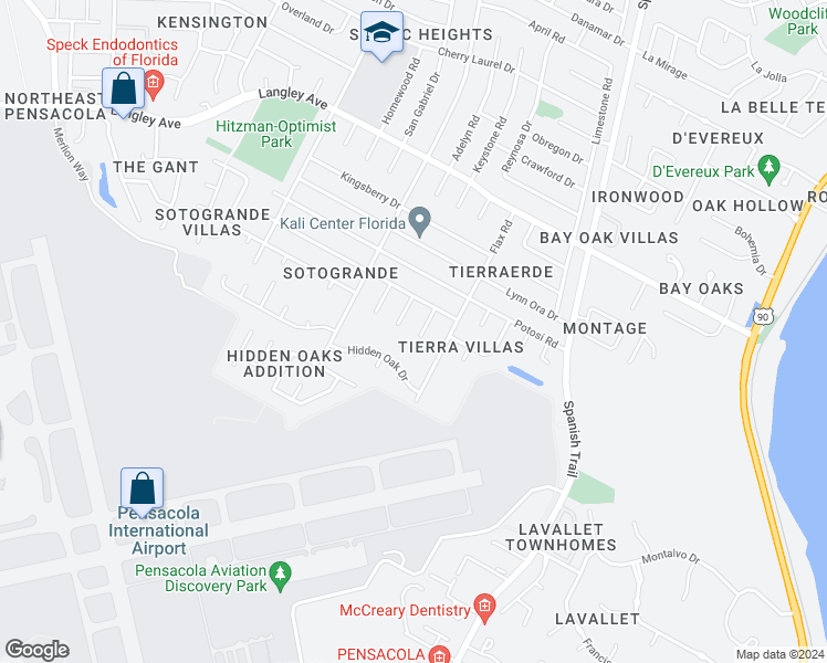 map of restaurants, bars, coffee shops, grocery stores, and more near 5265 Durango Circle in Pensacola