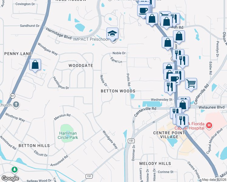 map of restaurants, bars, coffee shops, grocery stores, and more near 2557 Noble Drive in Tallahassee