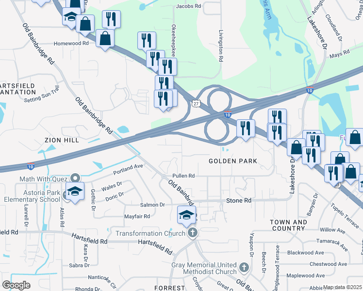 map of restaurants, bars, coffee shops, grocery stores, and more near 2599 Bilbrey Drive in Tallahassee