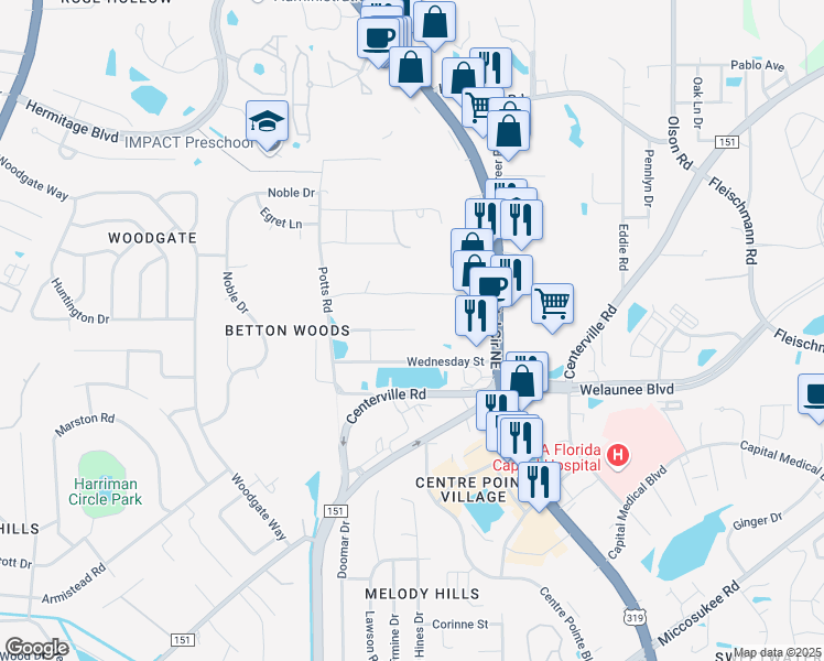 map of restaurants, bars, coffee shops, grocery stores, and more near 2210 Wednesday Court in Tallahassee