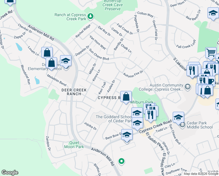 map of restaurants, bars, coffee shops, grocery stores, and more near 1700 Azalea Drive in Cedar Park