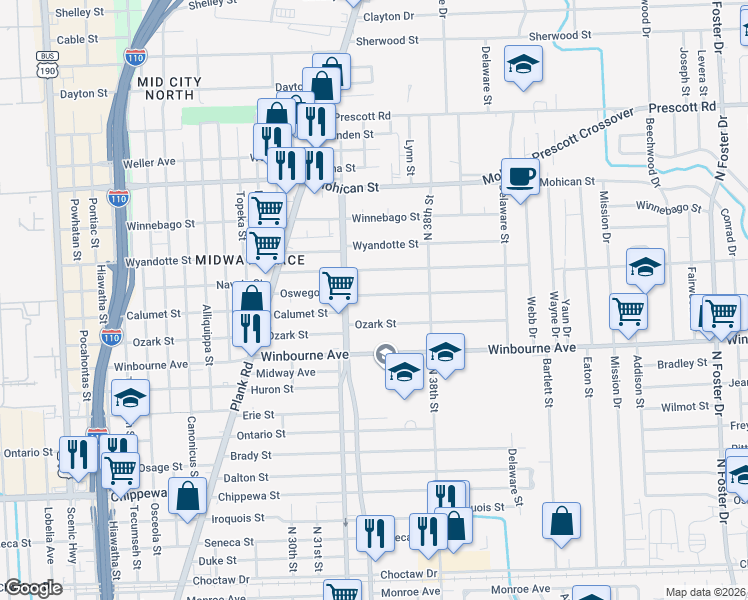 map of restaurants, bars, coffee shops, grocery stores, and more near 3471 Ozark Street in Baton Rouge