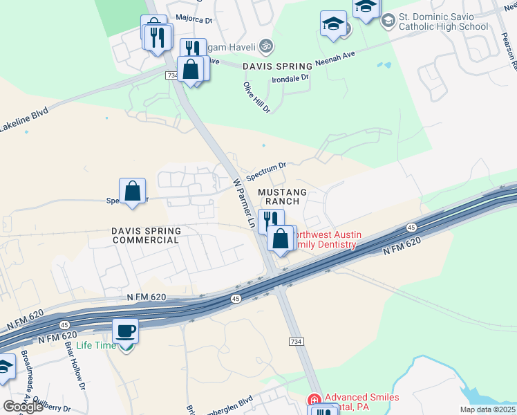map of restaurants, bars, coffee shops, grocery stores, and more near 9400 West Parmer Lane in Austin