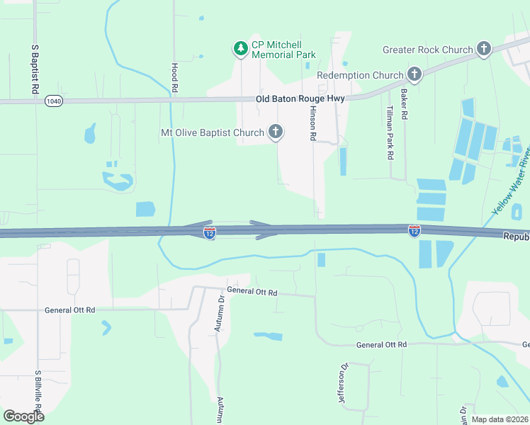 map of restaurants, bars, coffee shops, grocery stores, and more near 43051 Hinson Road in Hammond