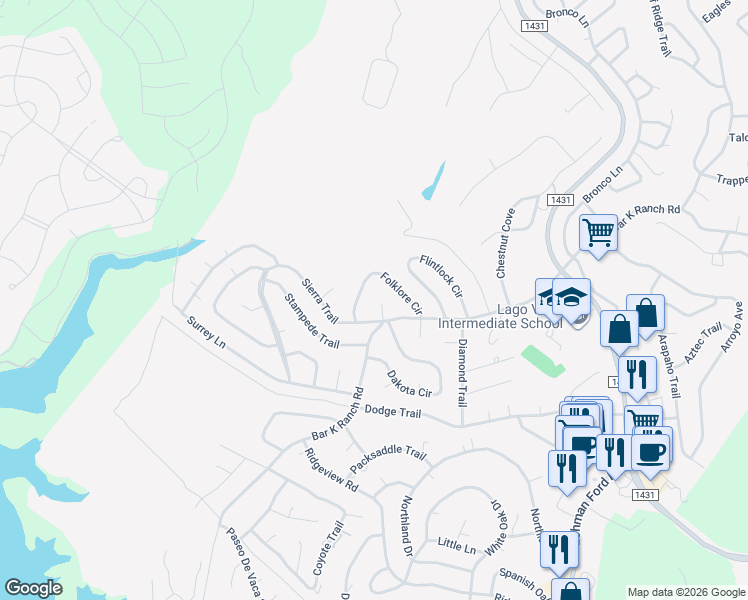 map of restaurants, bars, coffee shops, grocery stores, and more near 7928 Folklore Circle in Leander