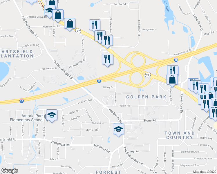 map of restaurants, bars, coffee shops, grocery stores, and more near 2501-2599 Bilbrey Drive in Tallahassee