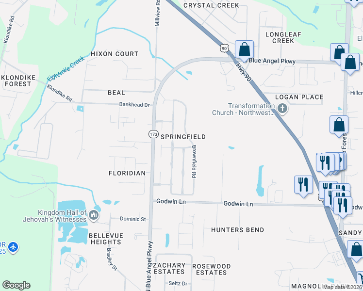 map of restaurants, bars, coffee shops, grocery stores, and more near 4064 Glenway Drive in Pensacola