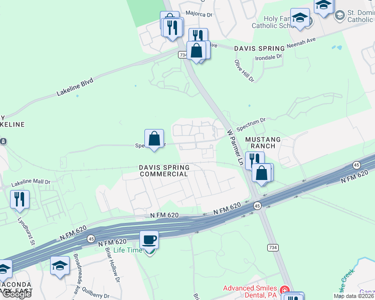 map of restaurants, bars, coffee shops, grocery stores, and more near 14099 Tom Kemp Lane in Austin