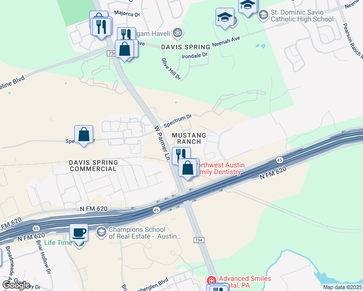 map of restaurants, bars, coffee shops, grocery stores, and more near 9400 West Parmer Lane in Austin