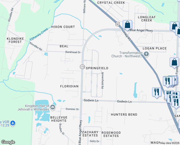map of restaurants, bars, coffee shops, grocery stores, and more near 323 Loveland Circle in Pensacola