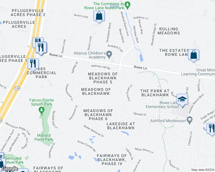 map of restaurants, bars, coffee shops, grocery stores, and more near 20216 Treyburn Lane in Pflugerville
