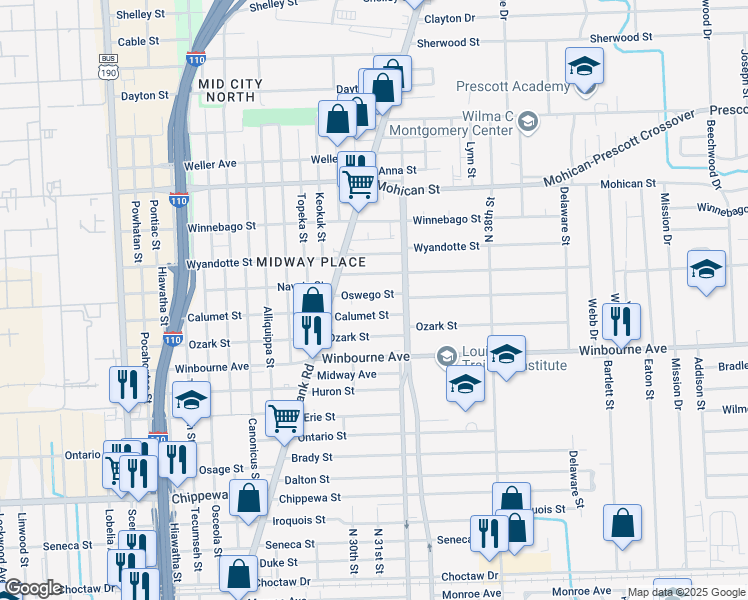 map of restaurants, bars, coffee shops, grocery stores, and more near 3149 Calumet Street in Baton Rouge