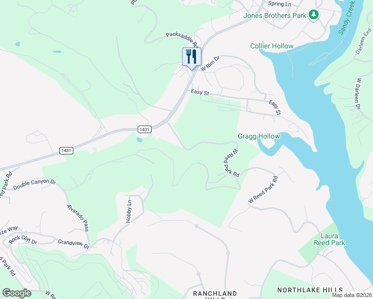 map of restaurants, bars, coffee shops, grocery stores, and more near 17234 West Reed Park Road in Jonestown