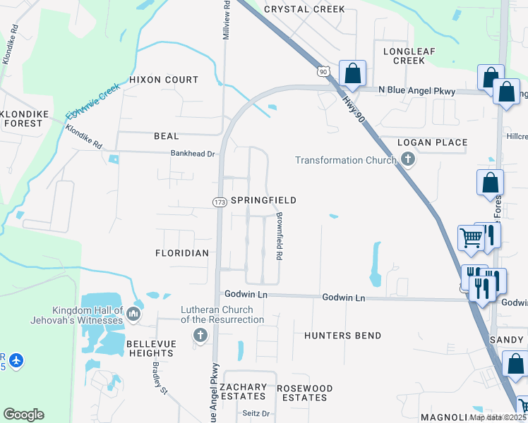 map of restaurants, bars, coffee shops, grocery stores, and more near 806 Hanover Drive in Pensacola