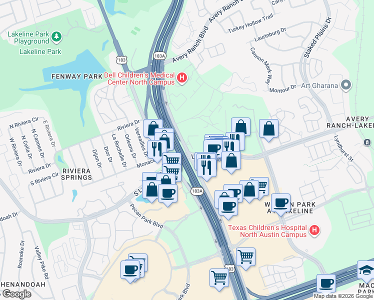 map of restaurants, bars, coffee shops, grocery stores, and more near 11303 1/2 Lakeline Boulevard in Austin