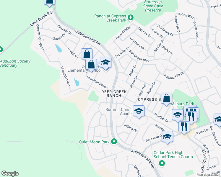 map of restaurants, bars, coffee shops, grocery stores, and more near 1500 Skip Tyler Drive in Cedar Park