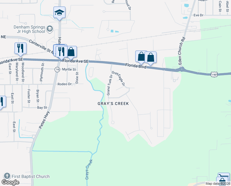 map of restaurants, bars, coffee shops, grocery stores, and more near 32530 Percy Young Road in Denham Springs