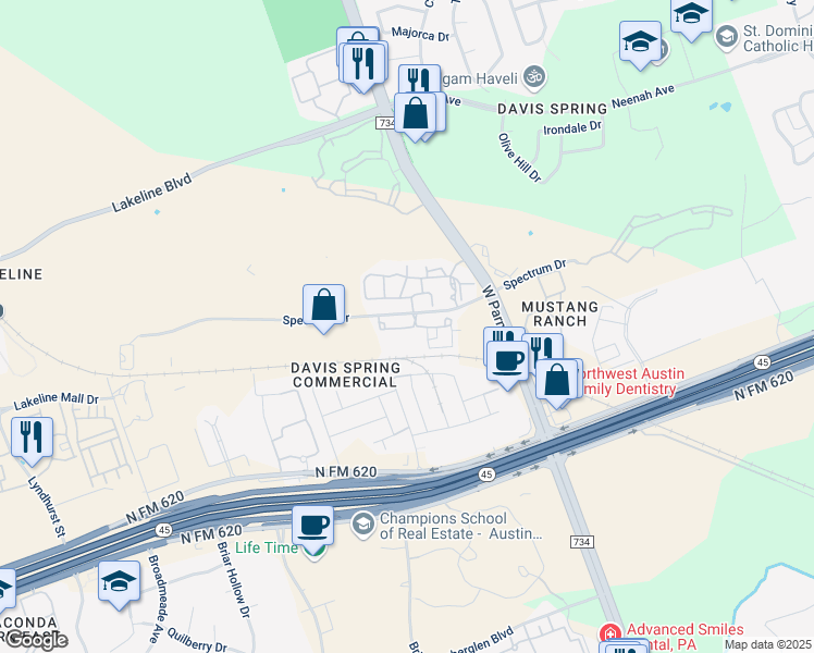 map of restaurants, bars, coffee shops, grocery stores, and more near 9701 Spectrum Drive in Austin