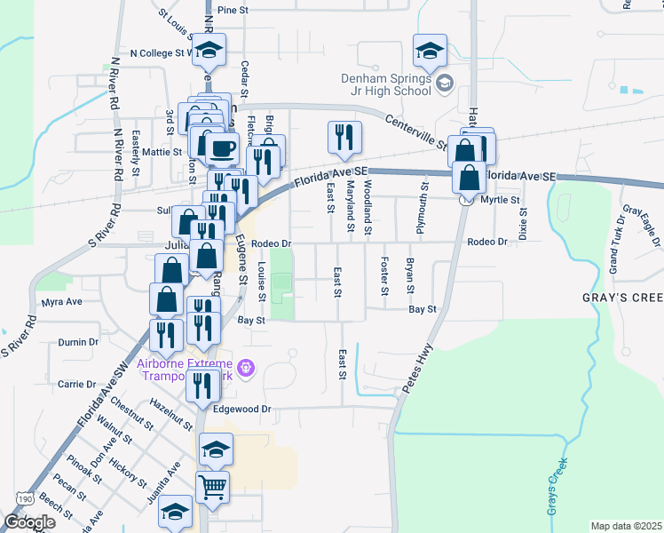 map of restaurants, bars, coffee shops, grocery stores, and more near 426 Cross Street in Denham Springs