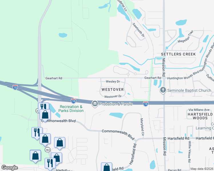 map of restaurants, bars, coffee shops, grocery stores, and more near 4528 Eltham Park in Tallahassee