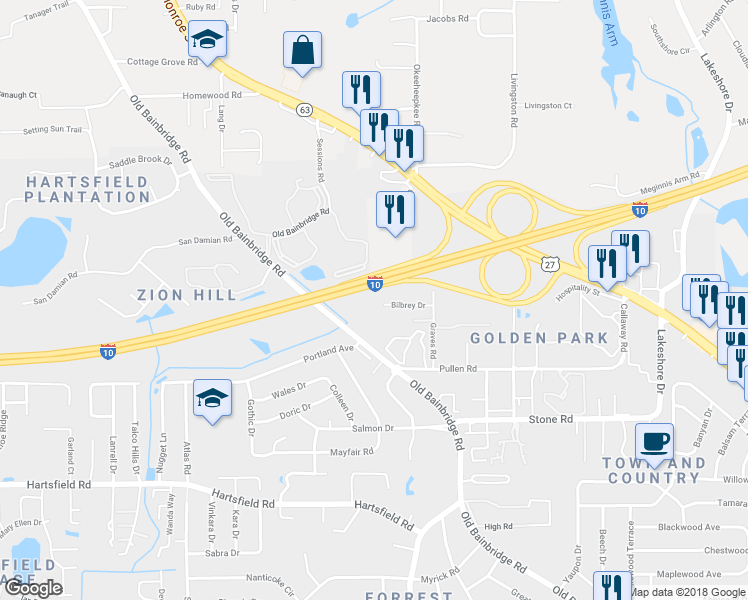map of restaurants, bars, coffee shops, grocery stores, and more near 2540 Bilbrey Drive in Tallahassee
