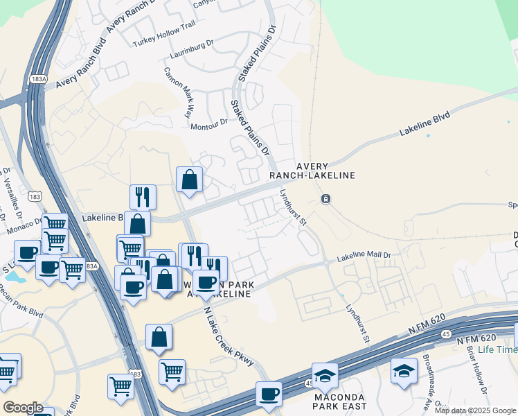 map of restaurants, bars, coffee shops, grocery stores, and more near 13800 Lyndhurst Boulevard in Austin
