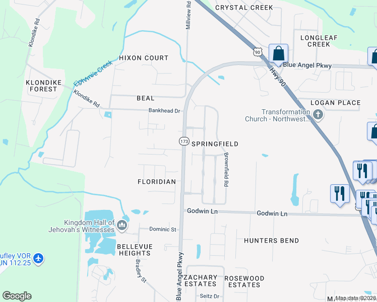 map of restaurants, bars, coffee shops, grocery stores, and more near 323 Loveland Circle in Pensacola