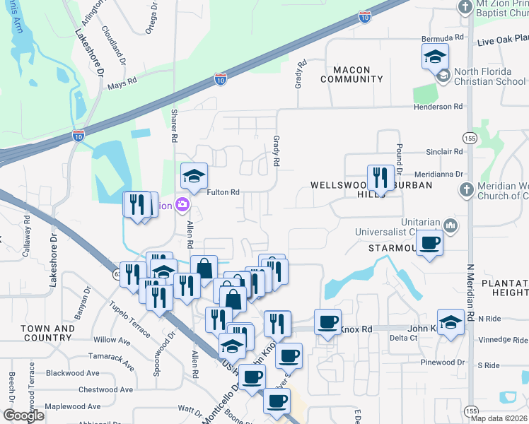 map of restaurants, bars, coffee shops, grocery stores, and more near 2842 Waterbrook Way in Tallahassee
