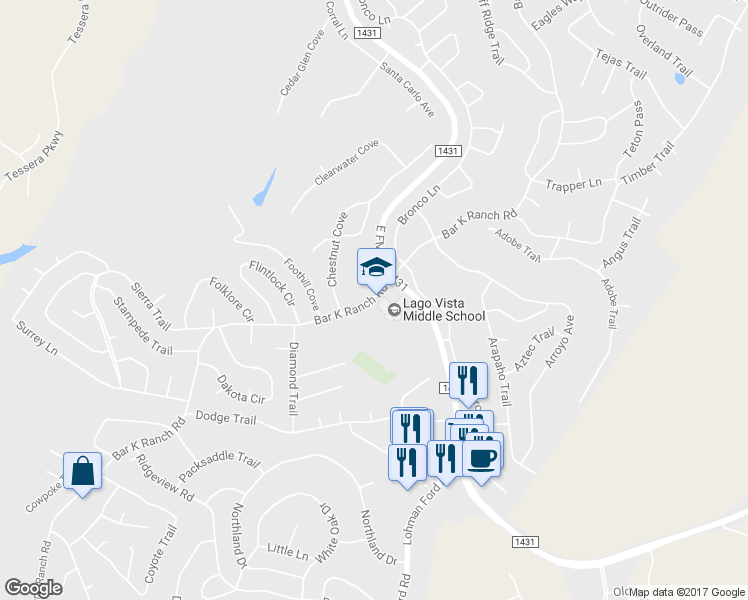 map of restaurants, bars, coffee shops, grocery stores, and more near 8039 Bar K Ranch Rd in Lago Vista