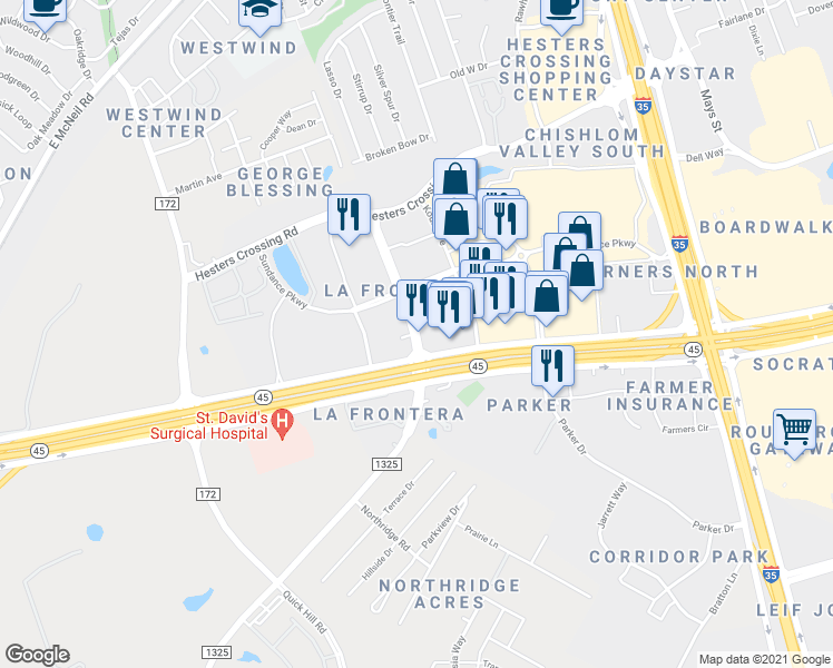 map of restaurants, bars, coffee shops, grocery stores, and more near La Frontera Boulevard in Austin