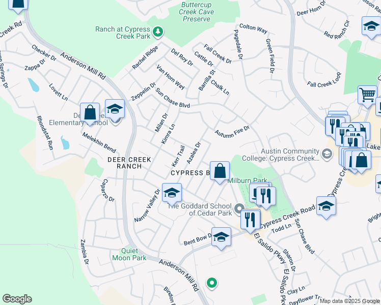 map of restaurants, bars, coffee shops, grocery stores, and more near 1700 Azalea Drive in Cedar Park