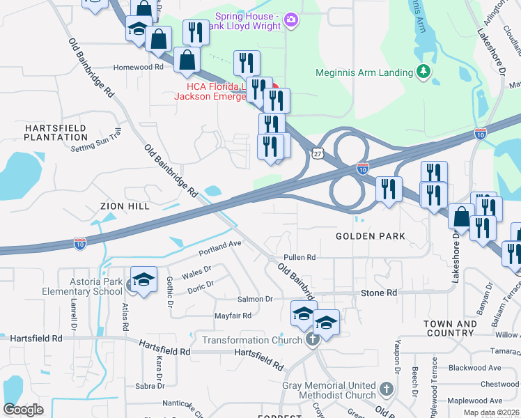 map of restaurants, bars, coffee shops, grocery stores, and more near 2540 Bilbrey Drive in Tallahassee
