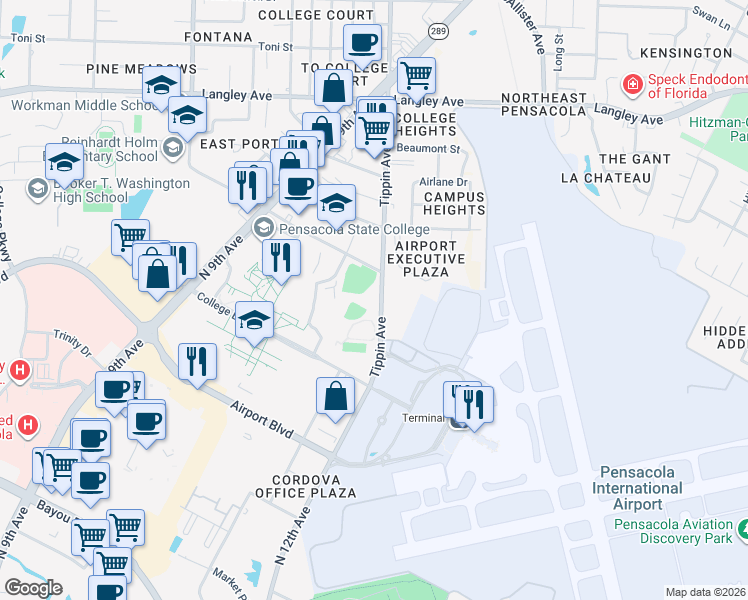 map of restaurants, bars, coffee shops, grocery stores, and more near 5800 Tippin Avenue in Pensacola